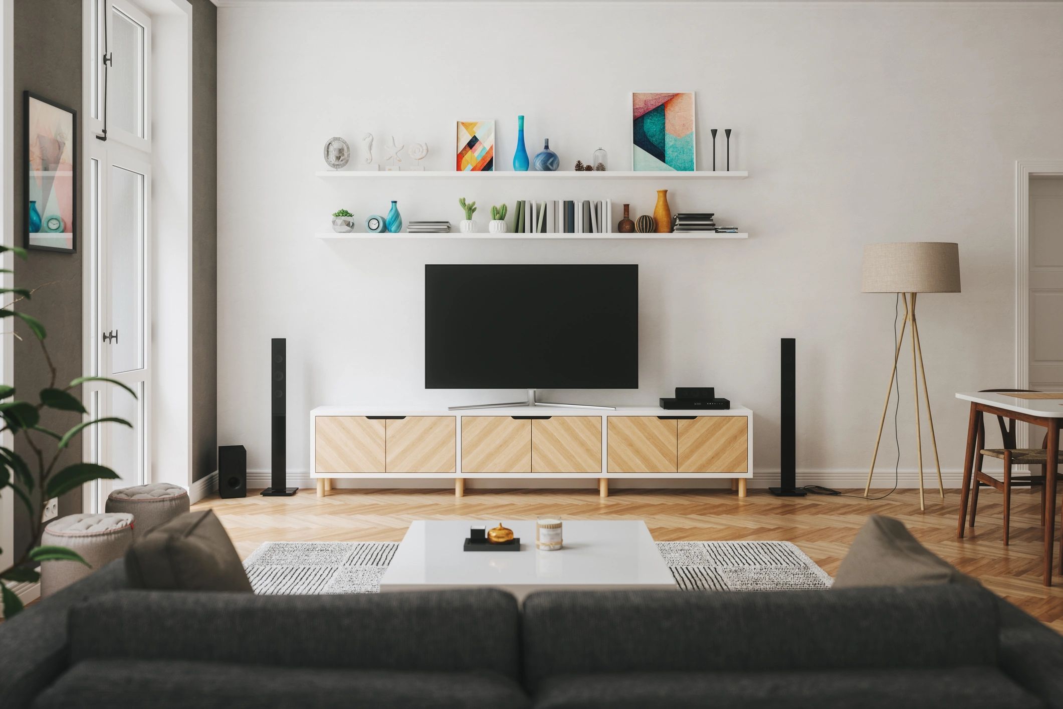 Modern living room with TV—ideal for showcasing IPTV device streaming
